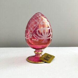 Hand Etched Egyptian Glass Egg - Cranberry Glass with Gold